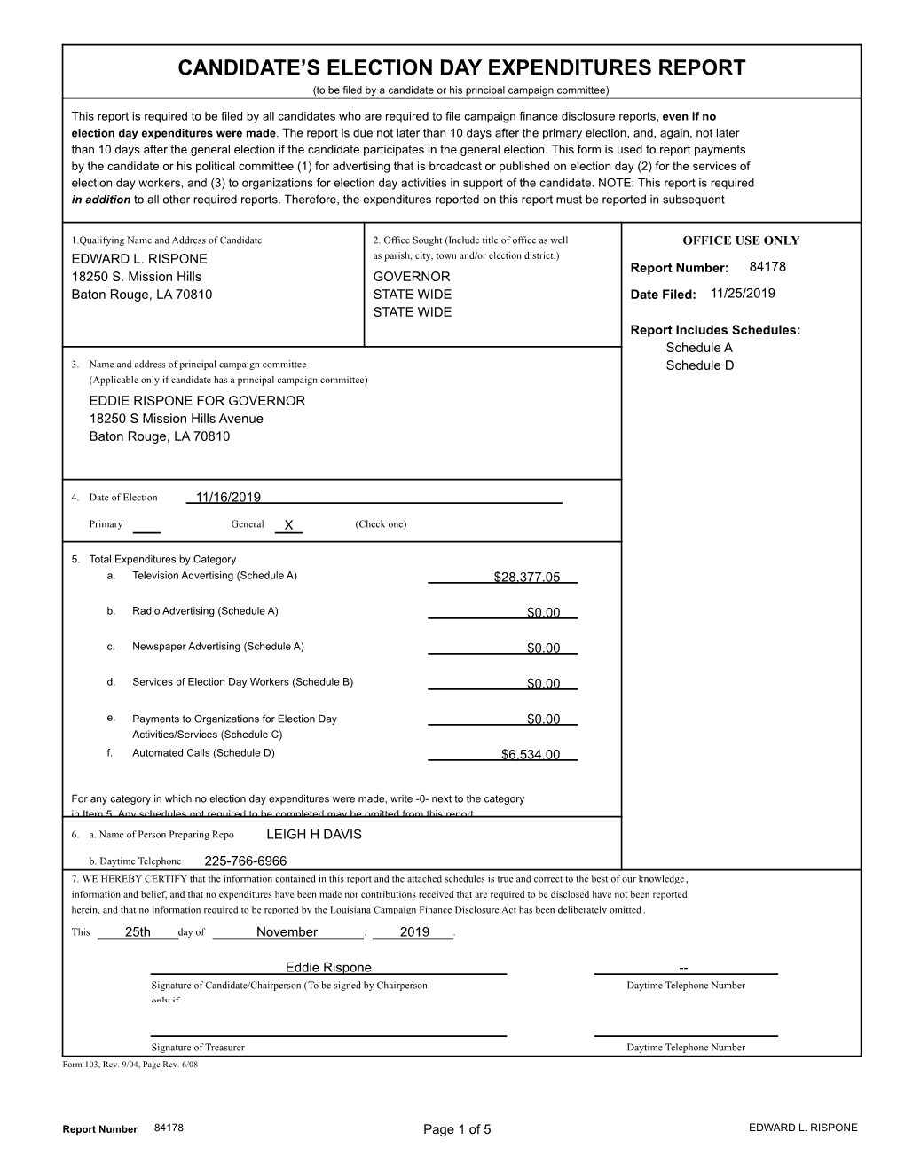 Candidate's Election Day Expenditures Report