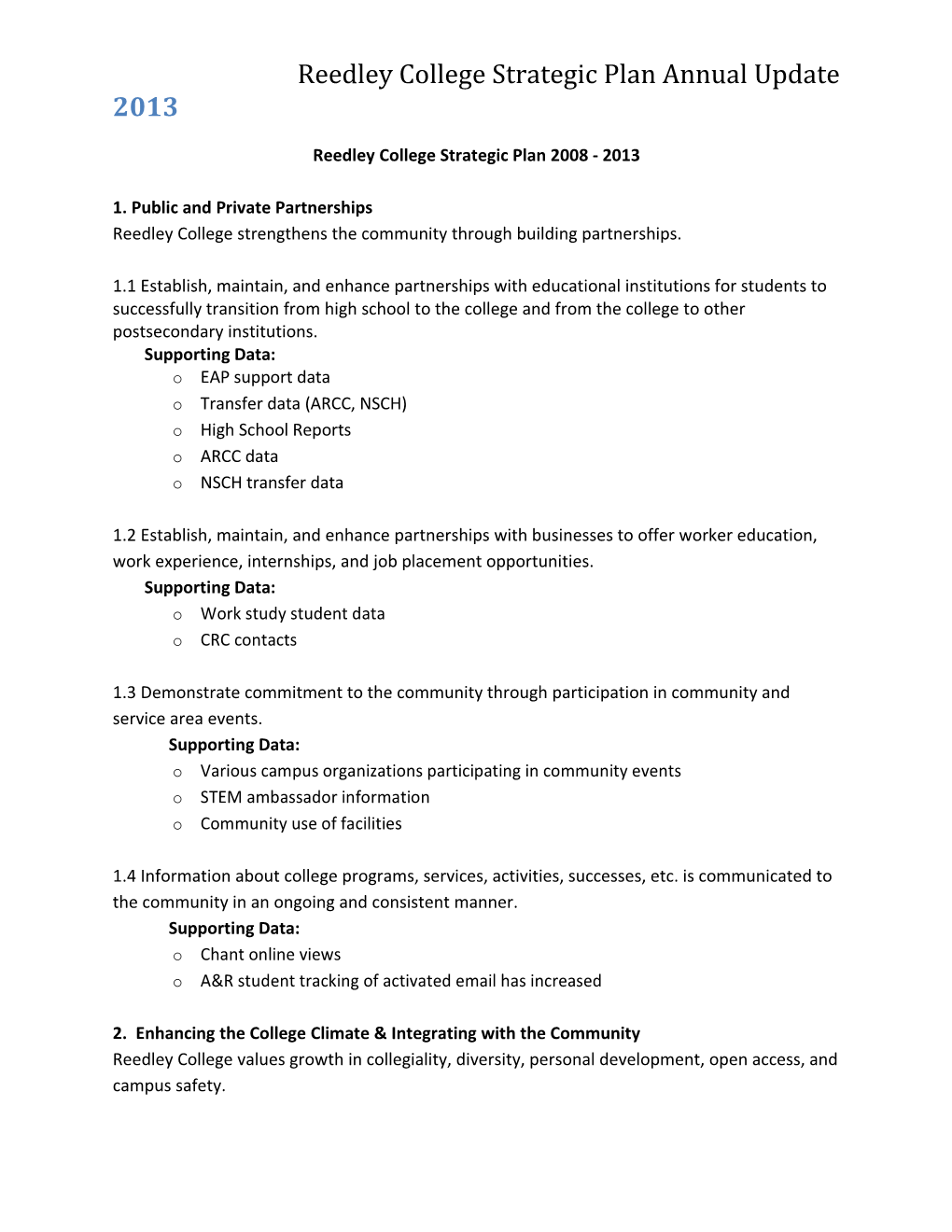 Reedley College Strategic Plan Annual Update