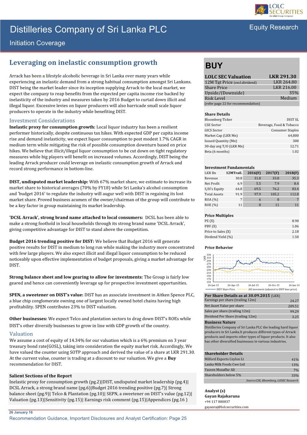 Distilleries Company of Sri Lanka PLC Equity Research Initiation Coverage