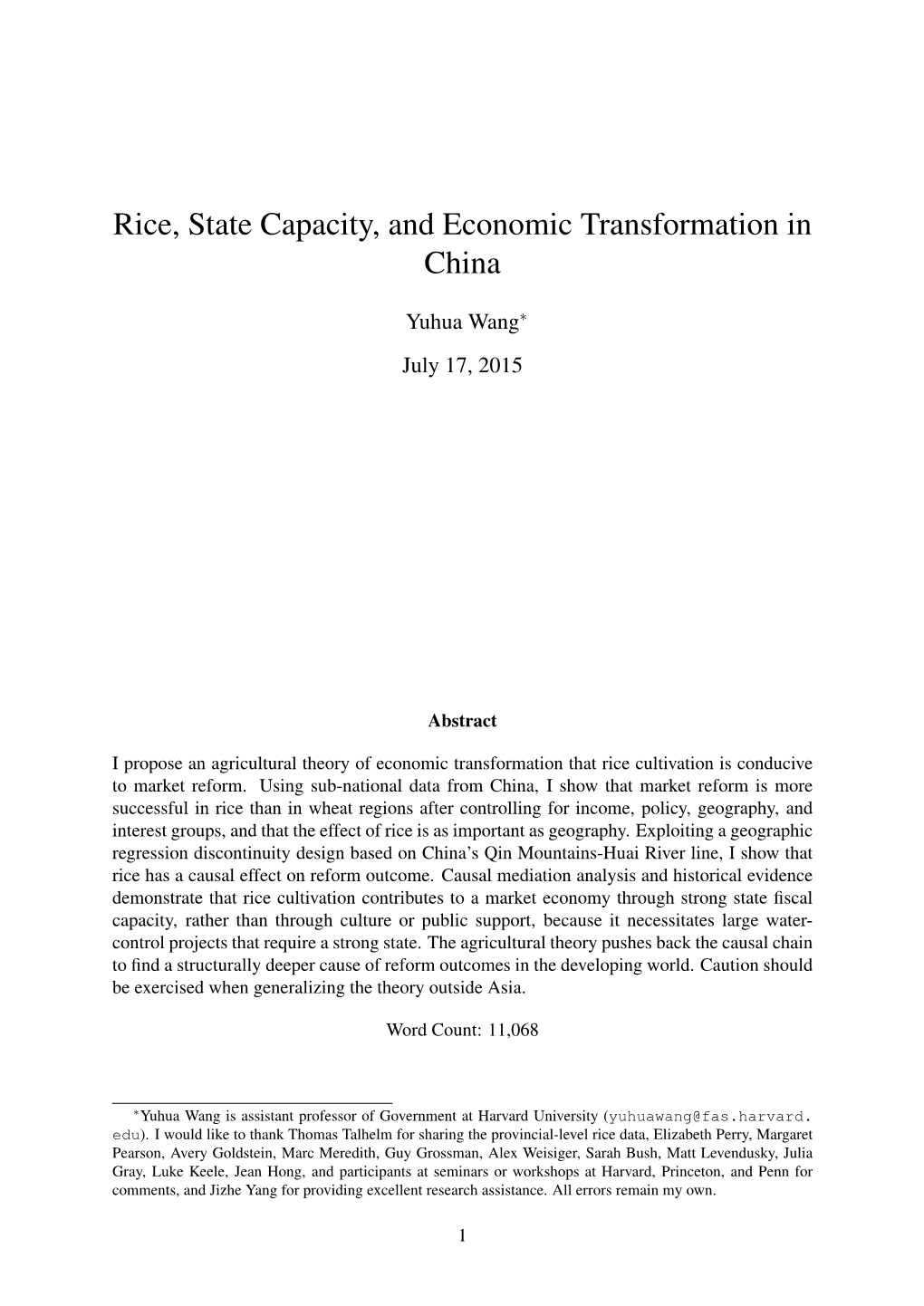 Rice, State Capacity, and Economic Transformation in China