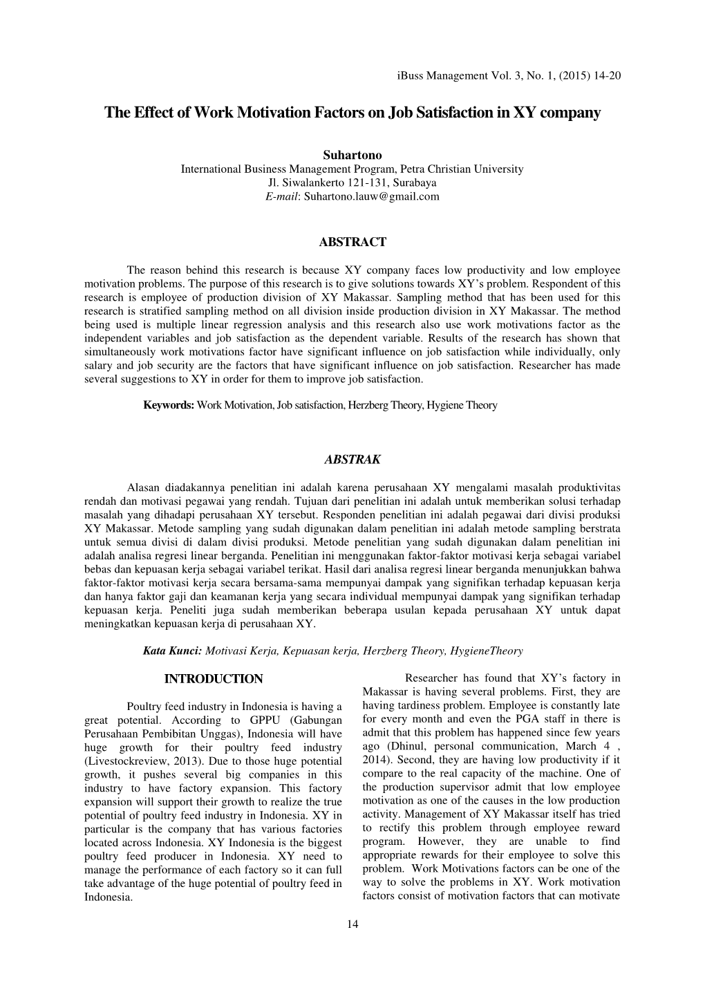 The Effect of Work Motivation Factors on Job Satisfaction in XY Company