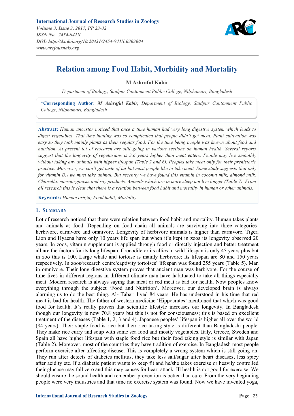 Relation Among Food Habit, Morbidity and Mortality