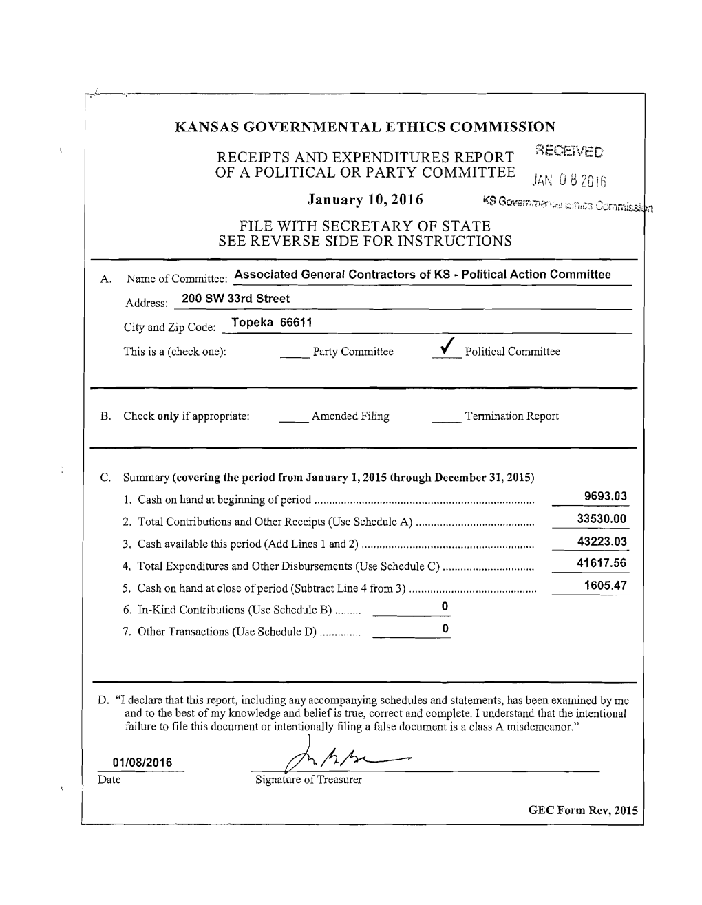 Kansas Governmental Ethics Commission Receipts And