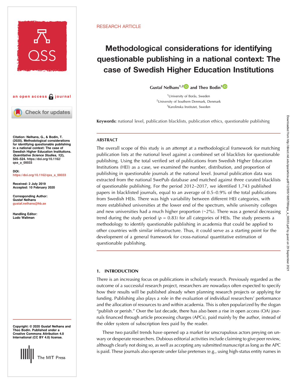 Methodological Considerations for Identifying Questionable Publishing in a National Context: the Case of Swedish Higher Education Institutions