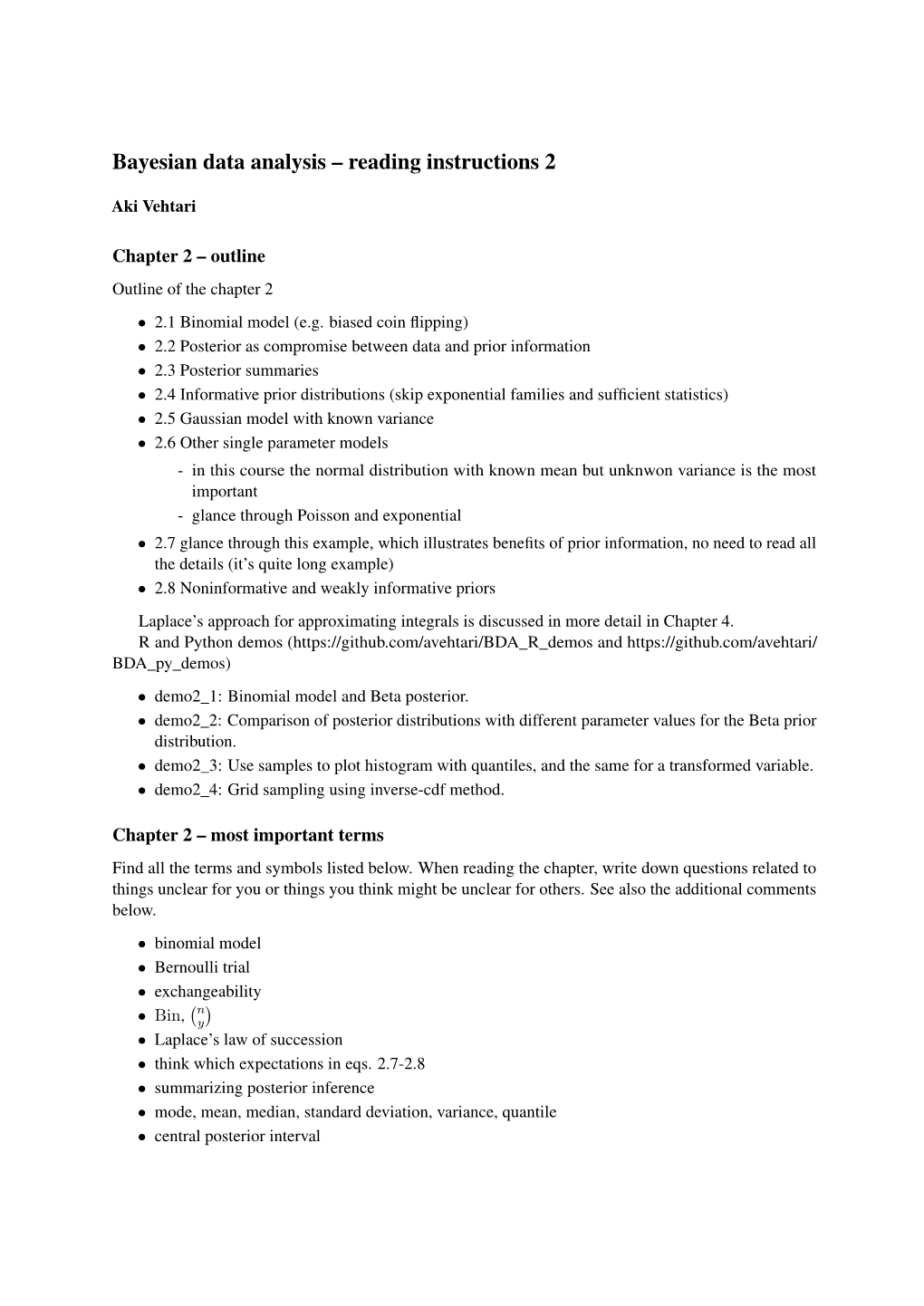 Bayesian Data Analysis – Reading Instructions 2