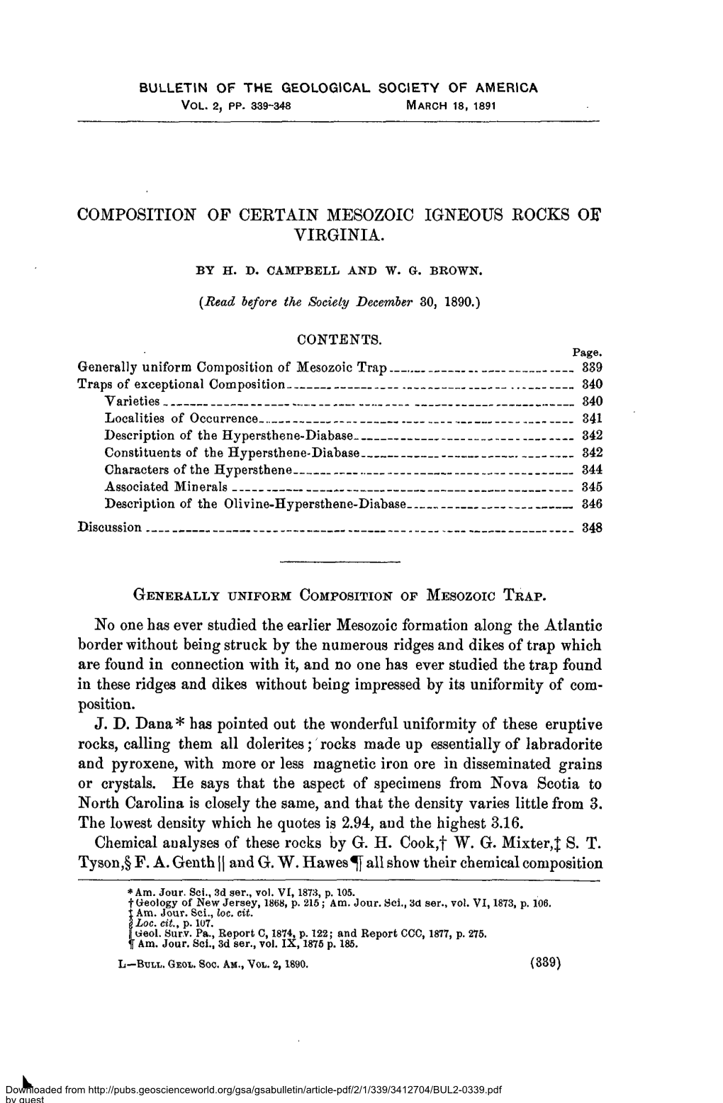 Composition of Certain Mesozoic Igneous Rocks of Virginia