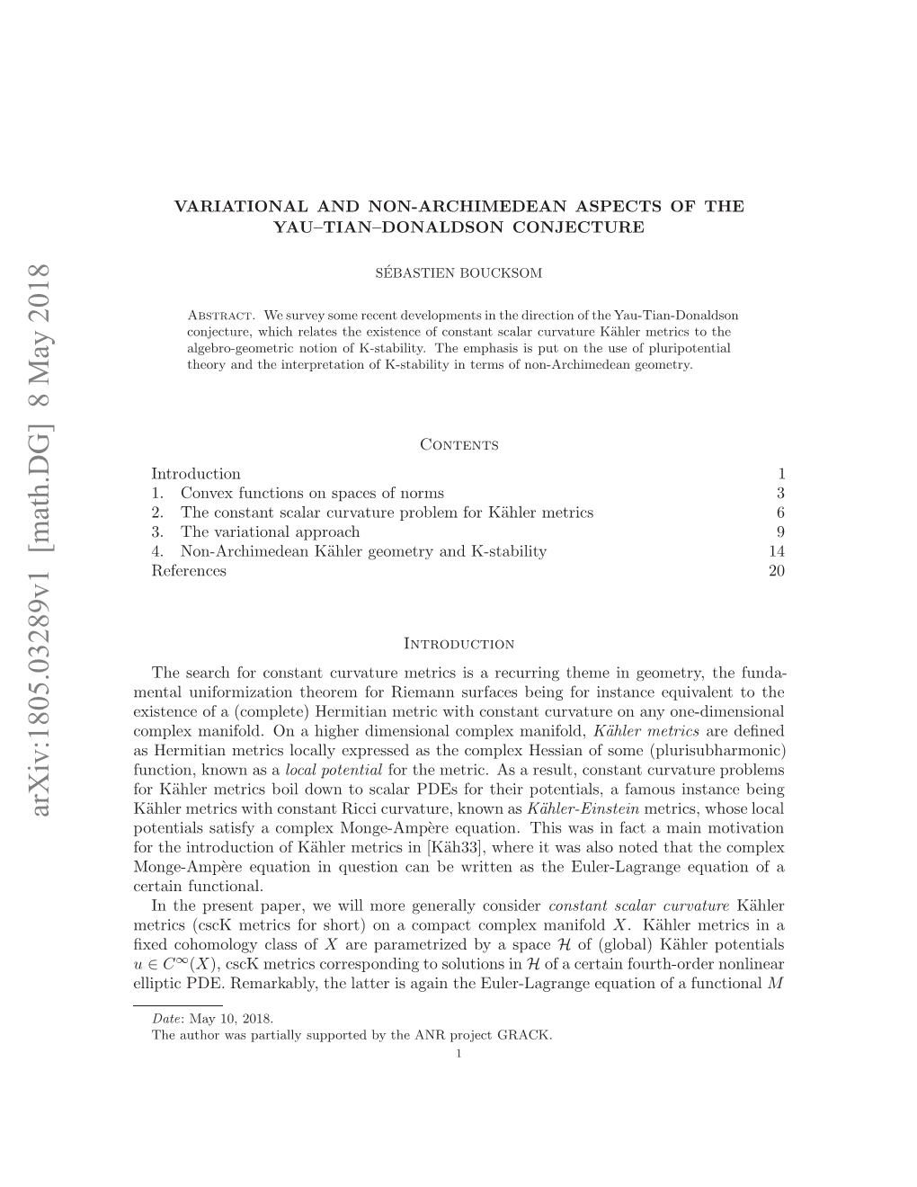 Arxiv:1805.03289V1 [Math.DG] 8 May 2018 Erc Cc Erc O Hr)O Opc Ope Manifo Complex Compact a on Short) for Metrics (Csck Metrics Eul the As Written Be Functional