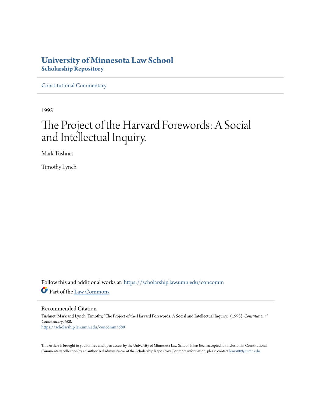 The Project of the Harvard Forewords: a Social and Intellectual Inquiry