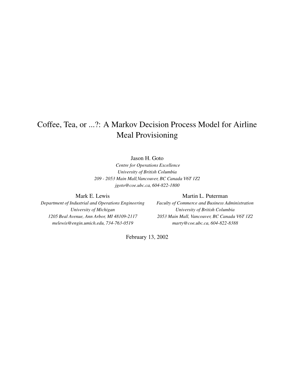 A Markov Decision Process Model for Airline Meal Provisioning