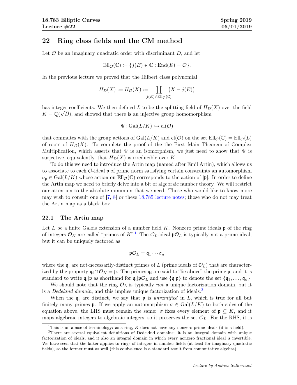 18.783 S19 Elliptic Curves, Lecture 22: Ring Class Fields and the CM Method