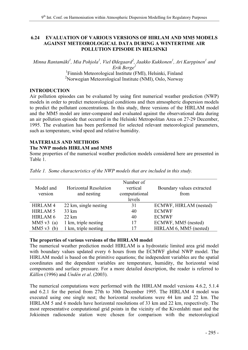 6.24 Evaluation of Various Versions of Hirlam and Mm5 Models Against Meteorological Data During a Wintertime Air Pollution Episode in Helsinki