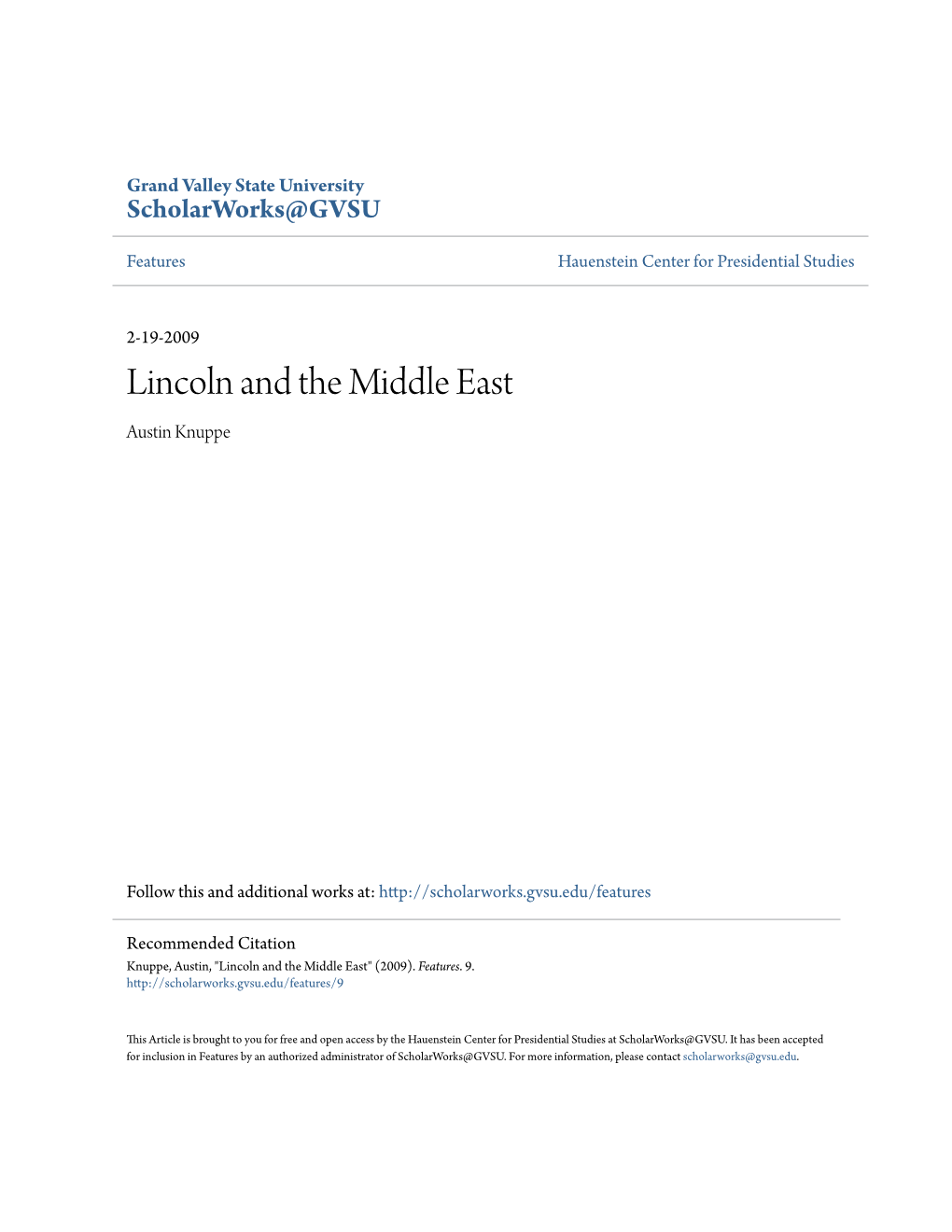 Lincoln and the Middle East Austin Knuppe