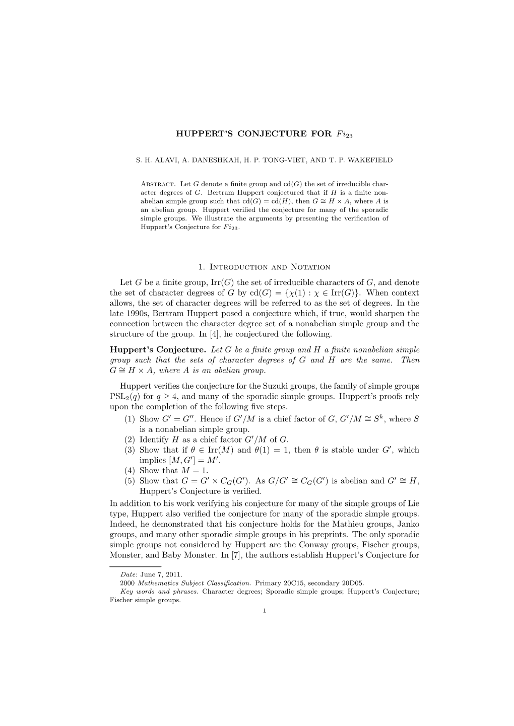 HUPPERT's CONJECTURE for Fi 1. Introduction and Notation Let G