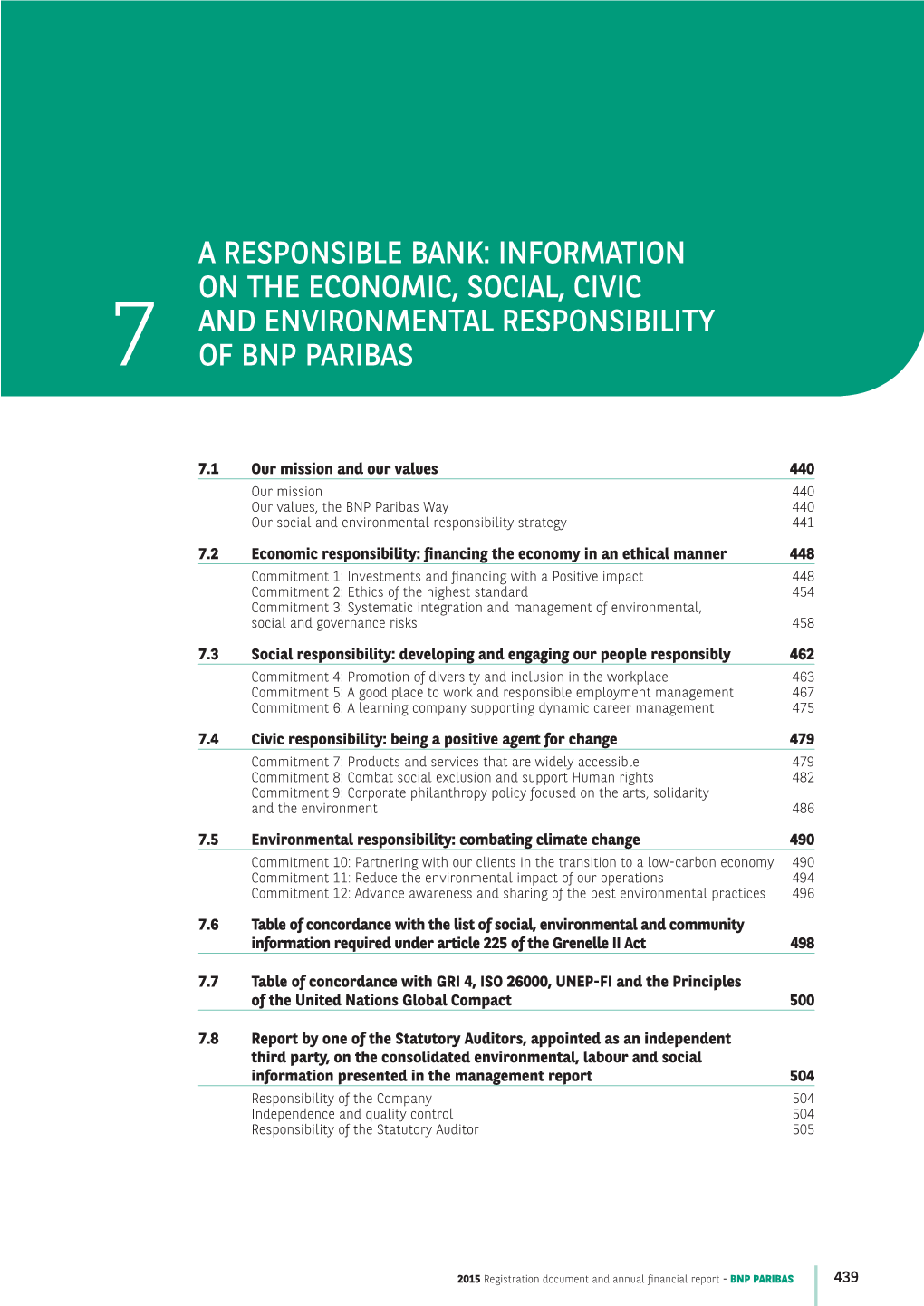 A Responsible Bank: Information on the Economic, Social, Civic and Environmental Responsibility 7 of Bnp Paribas