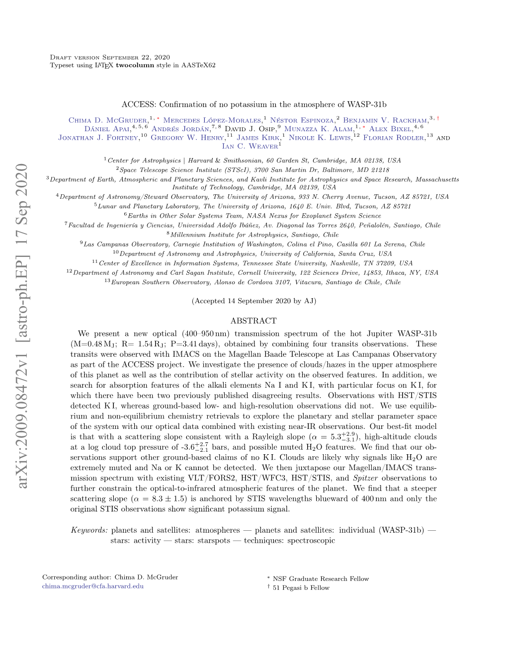 Arxiv:2009.08472V1 [Astro-Ph.EP] 17 Sep 2020 Further Constrain the Optical-To-Infrared Atmospheric Features of the Planet