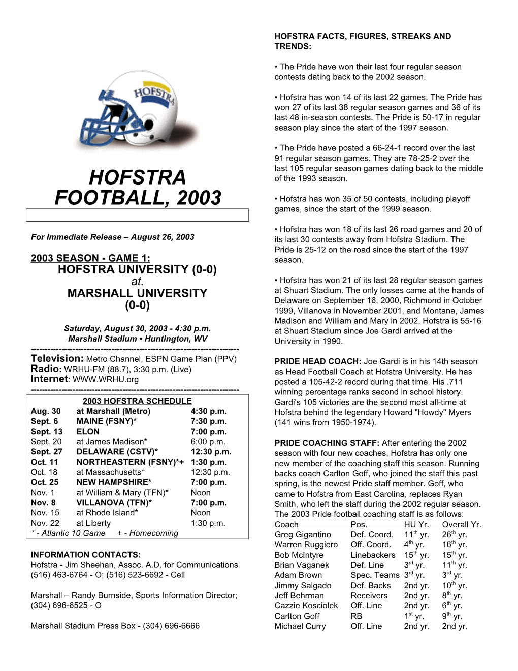 Hofstra Football, 2003