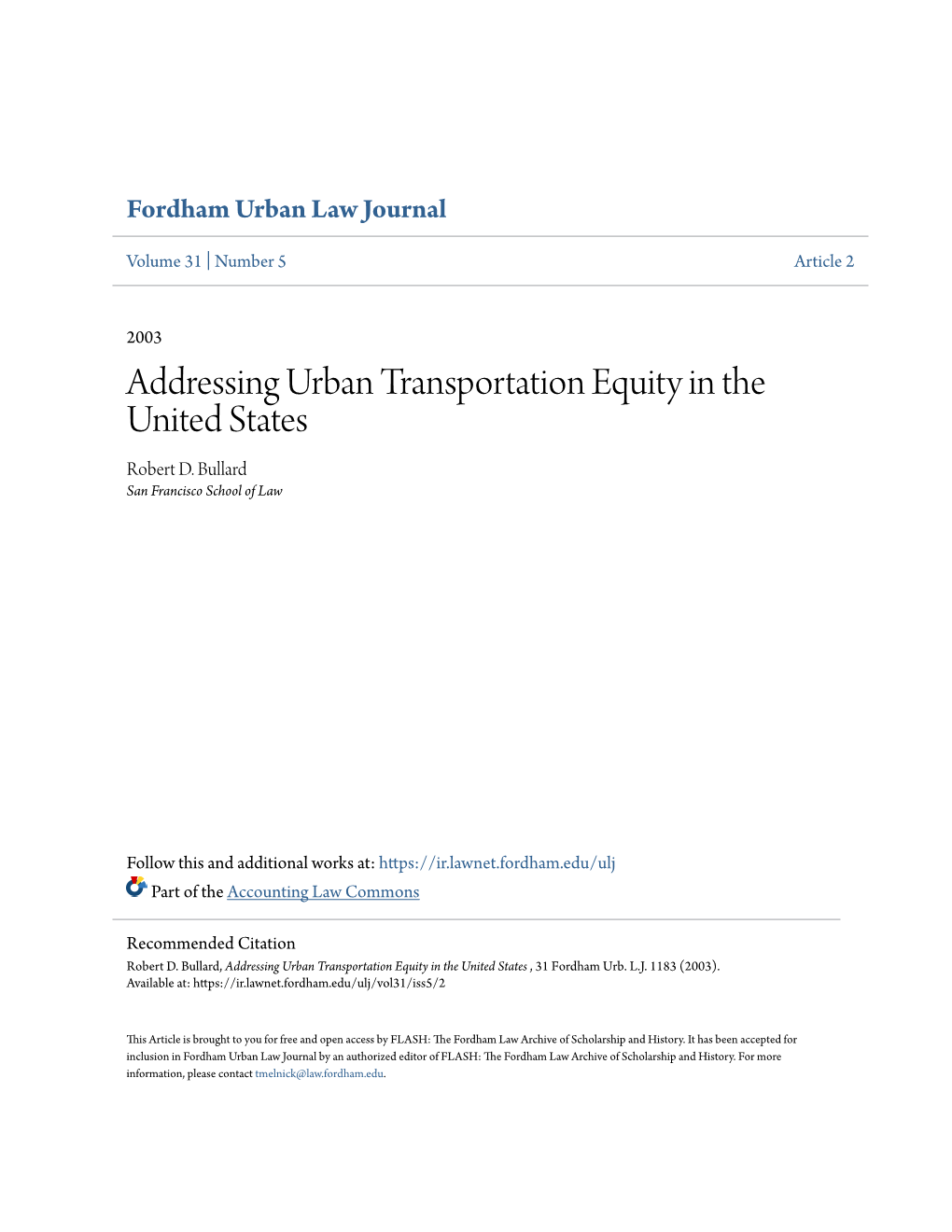 Addressing Urban Transportation Equity in the United States Robert D