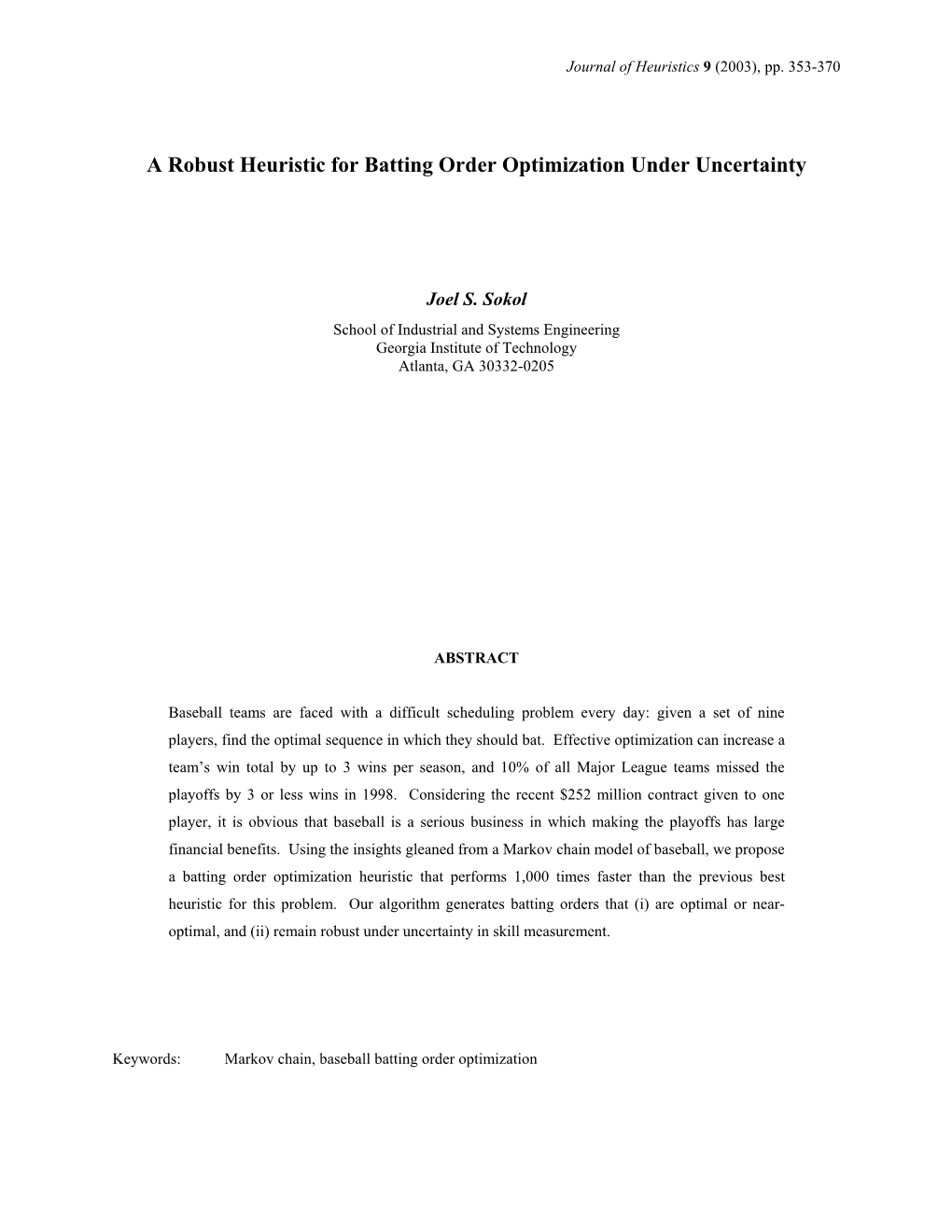 A Robust Heuristic for Batting Order Optimization Under Uncertainty