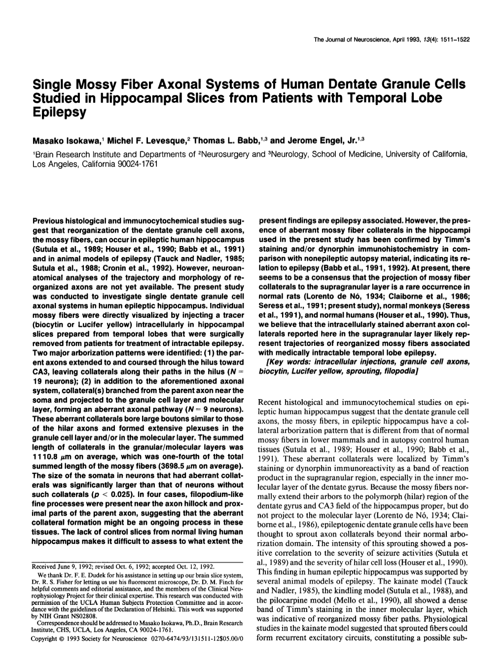 Single Mossy Fiber Axonal Systems of Human Dentate Granule Cells Studied in Hippocampal Slices from Patients with Temporal Lobe Epilepsy