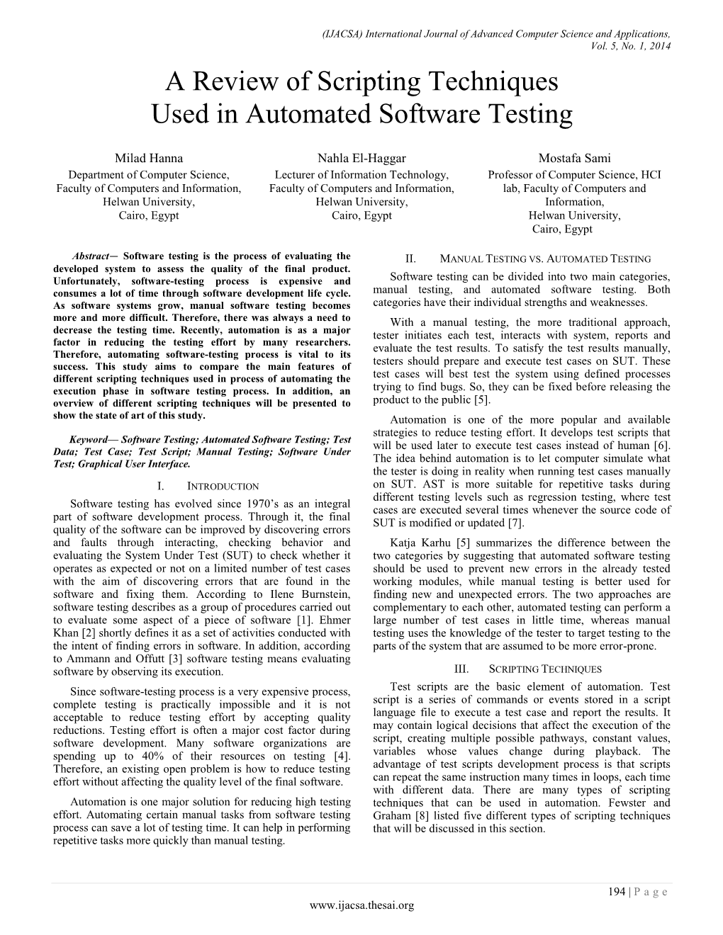 A Review of Scripting Techniques Used in Automated Software Testing
