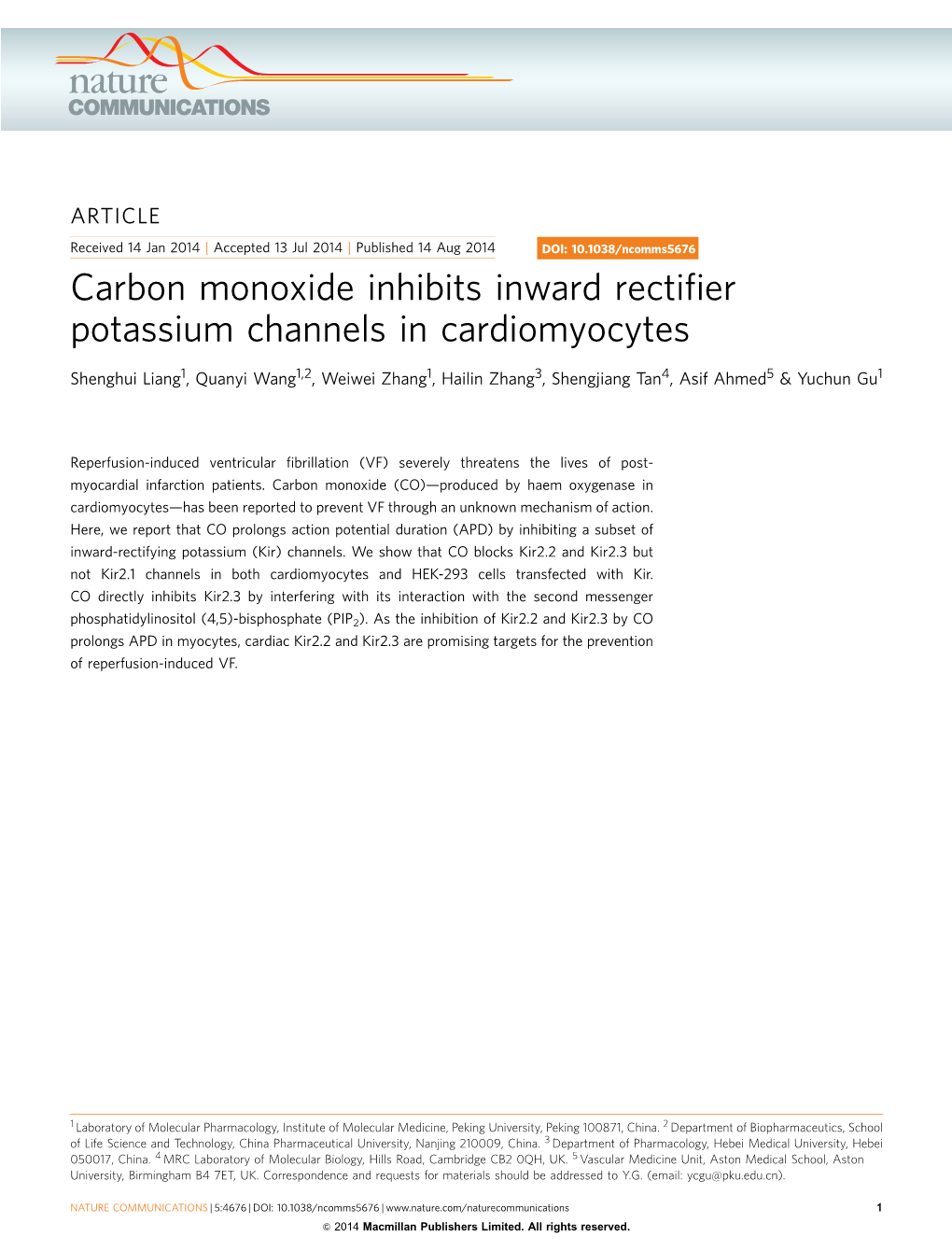 Carbon Monoxide Inhibits Inward Rectifier Potassium Channels In