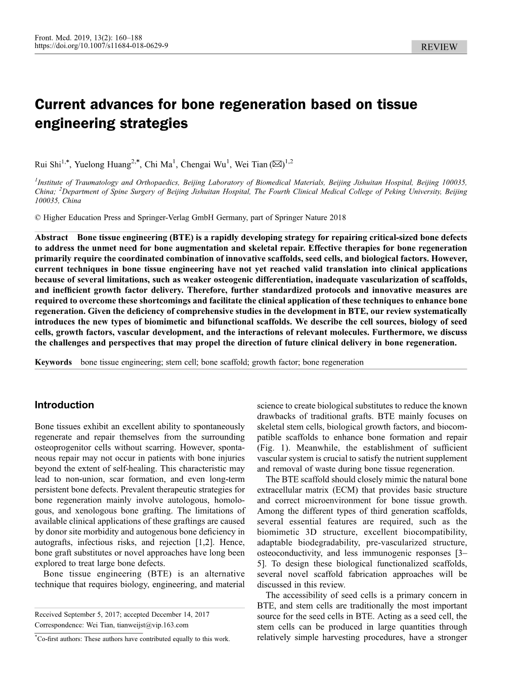 Current Advances for Bone Regeneration Based on Tissue Engineering Strategies