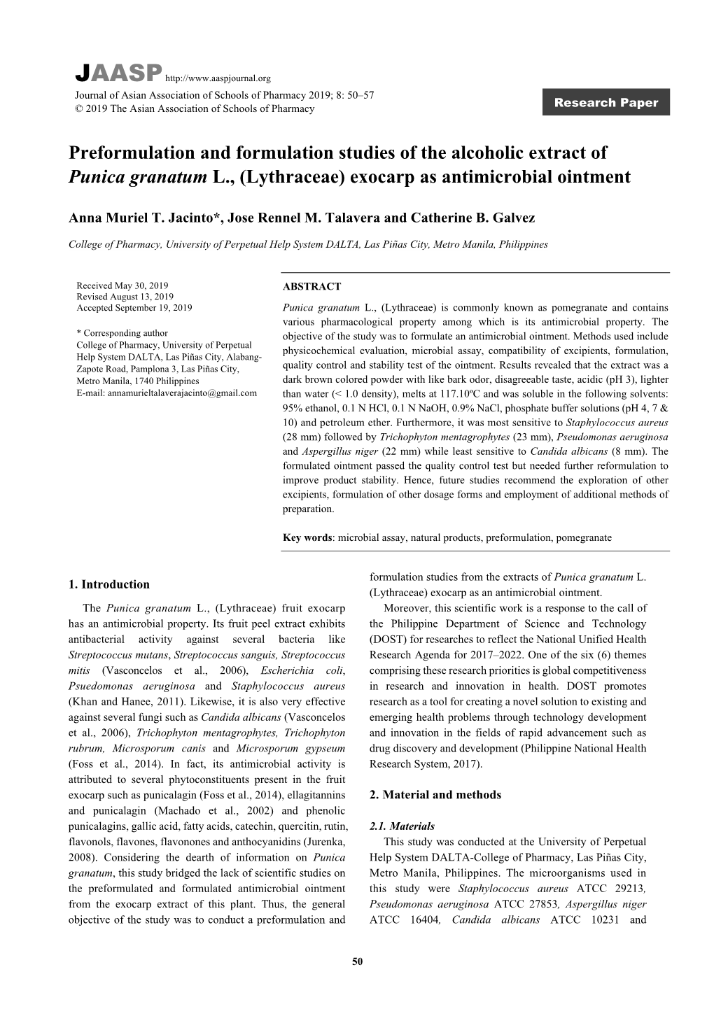 Preformulation and Formulation Studies of the Alcoholic Extract of Punica Granatum L., (Lythraceae) Exocarp As Antimicrobial Ointment