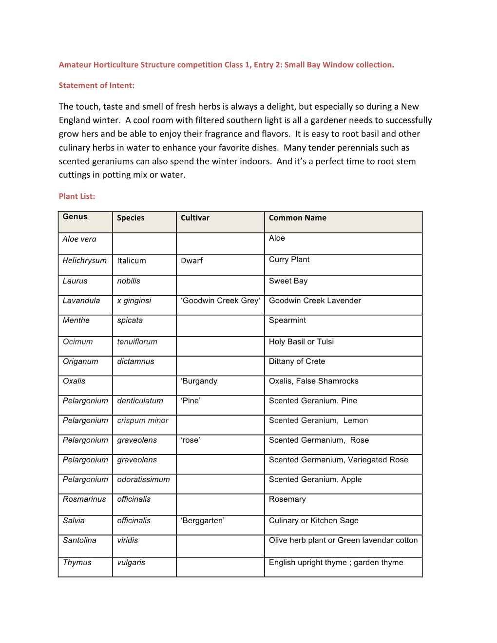 Plant List, 2017 Flower Show