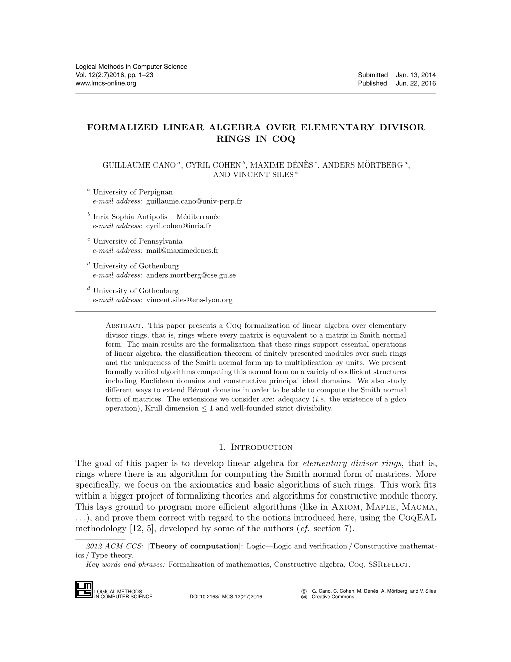 Formalized Linear Algebra Over Elementary Divisor Rings in Coq