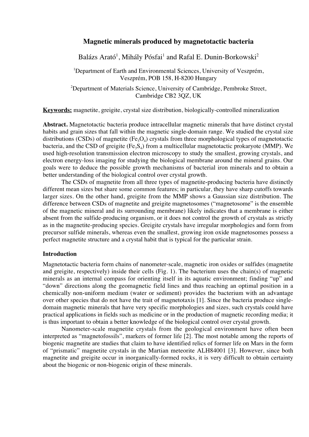 Magnetic Minerals Produced by Magnetotactic Bacteria Balázs