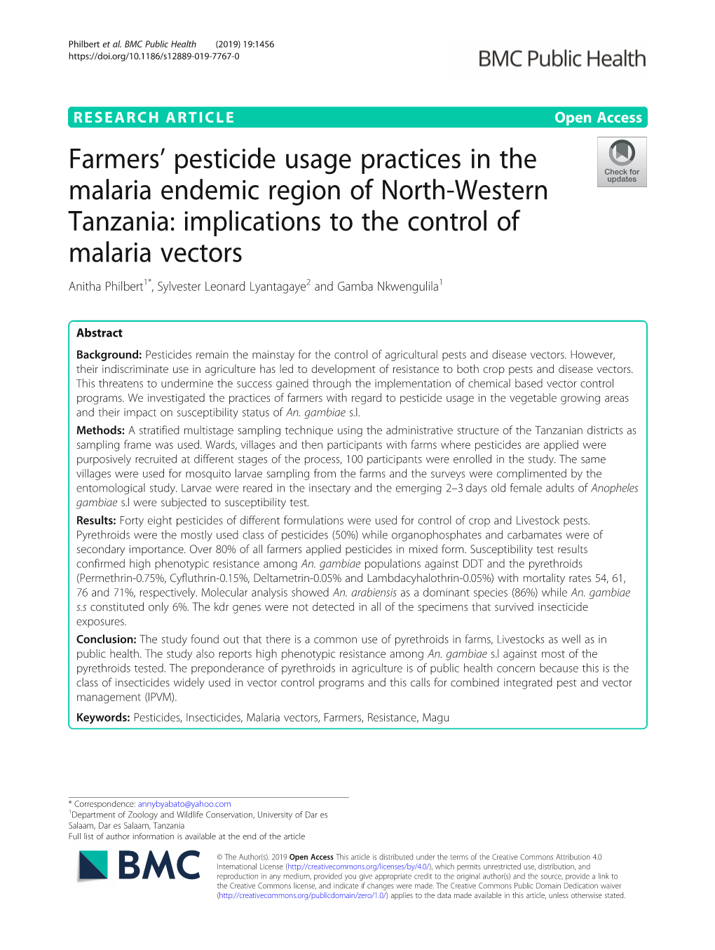 Farmers' Pesticide Usage Practices in the Malaria Endemic Region of North