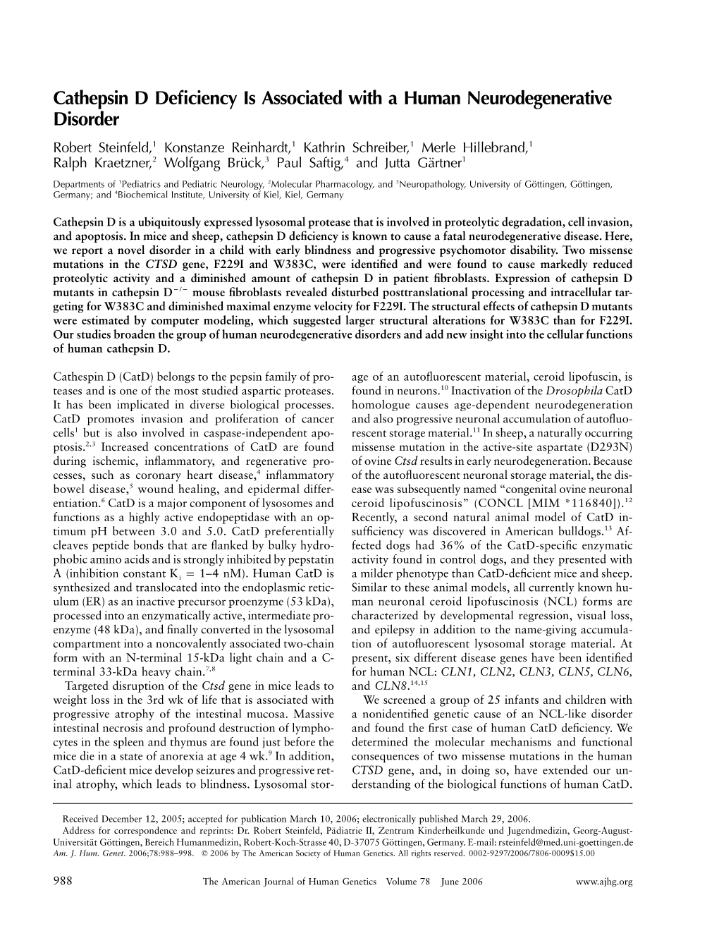 Cathepsin D Deficiency Is Associated with a Human Neurodegenerative