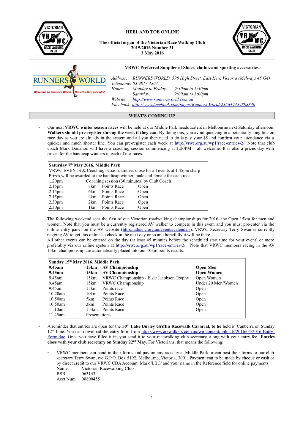 HEEL and TOE ONLINE the Official Organ of the Victorian Race Walking