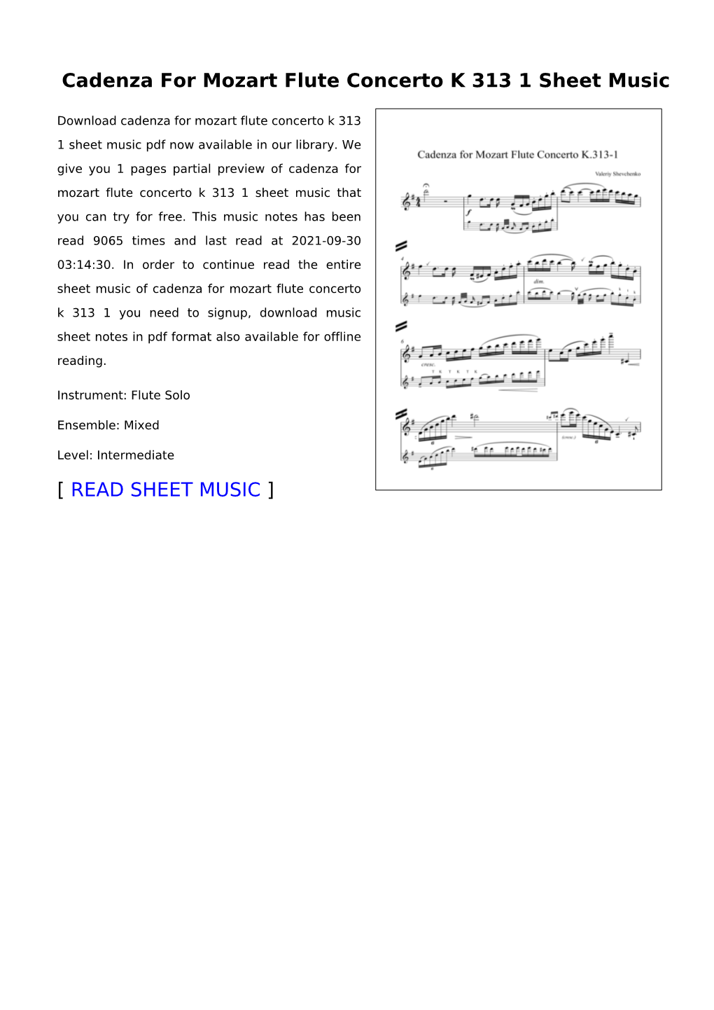 Cadenza for Mozart Flute Concerto K 313 1 Sheet Music