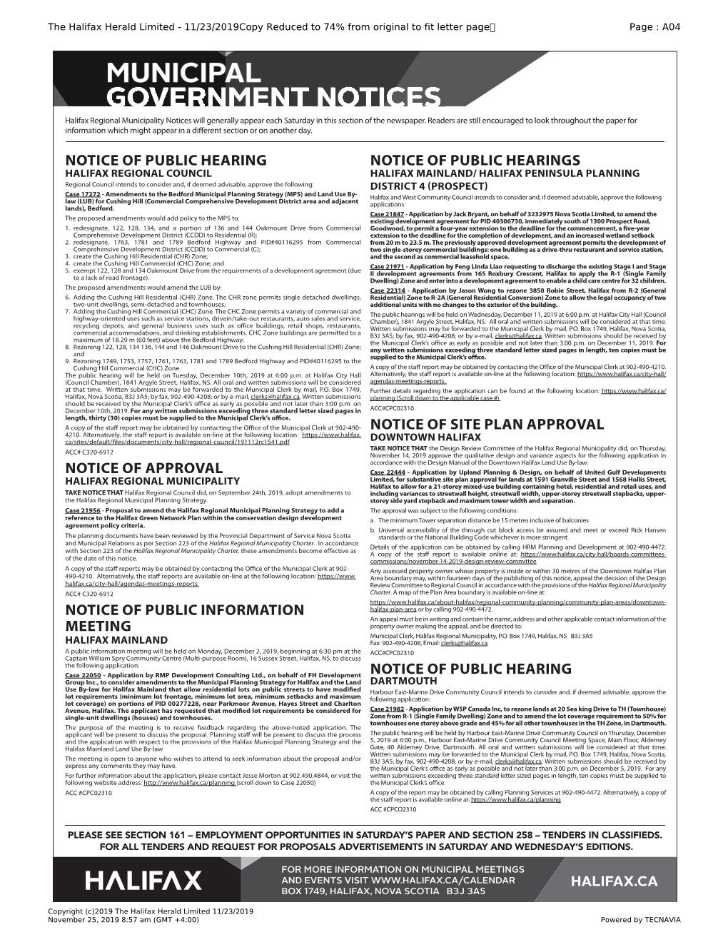 Municipal Government Notices Chronicle Herald Ad