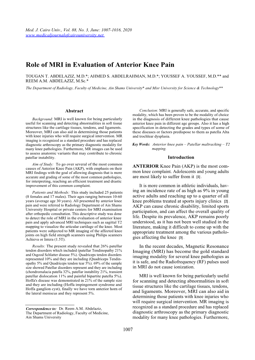 Role of MRI in Evaluation of Anterior Knee Pain