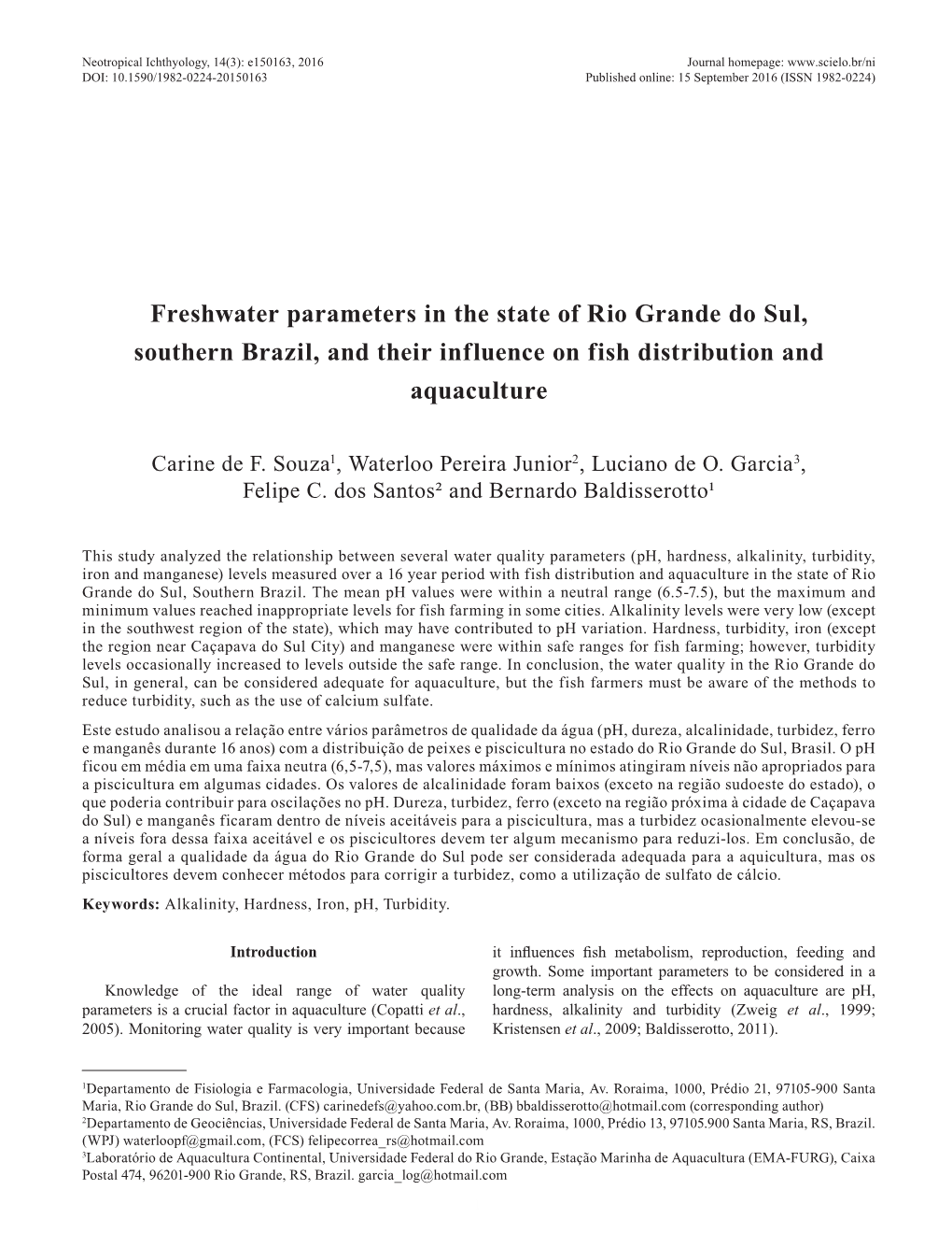 Freshwater Parameters in the State of Rio Grande Do Sul, Southern Brazil, and Their Influence on Fish Distribution and Aquaculture