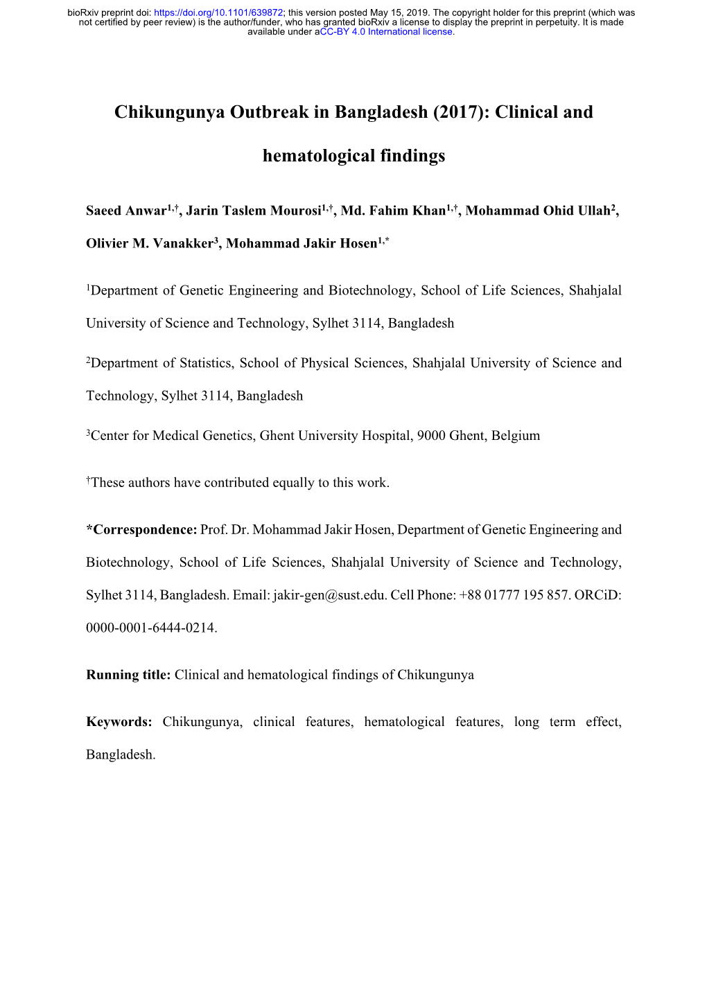 Chikungunya Outbreak in Bangladesh (2017): Clinical And