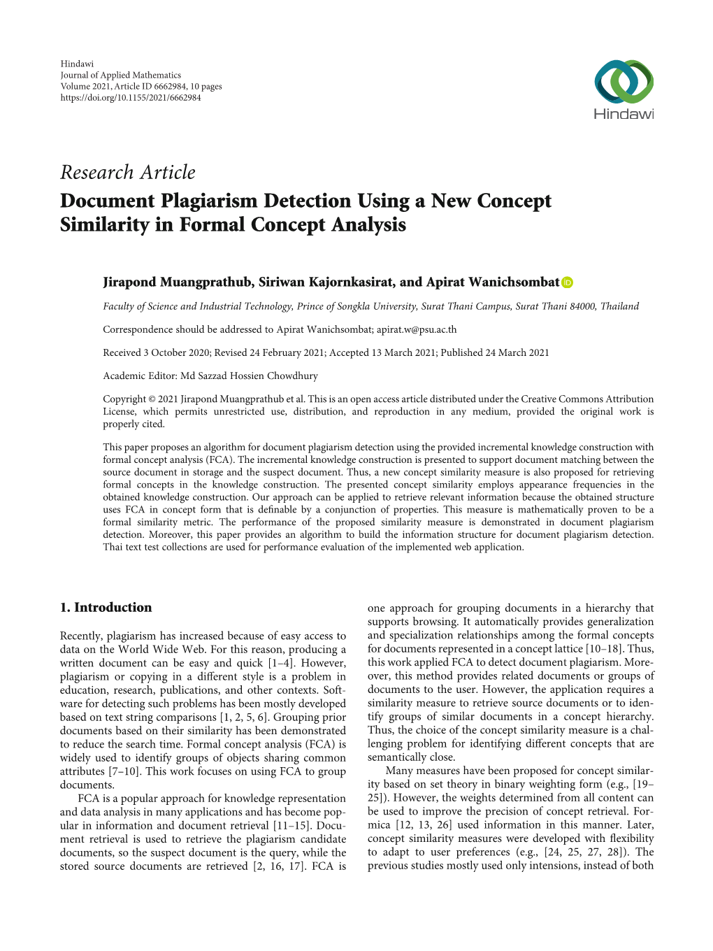 Document Plagiarism Detection Using a New Concept Similarity in Formal Concept Analysis