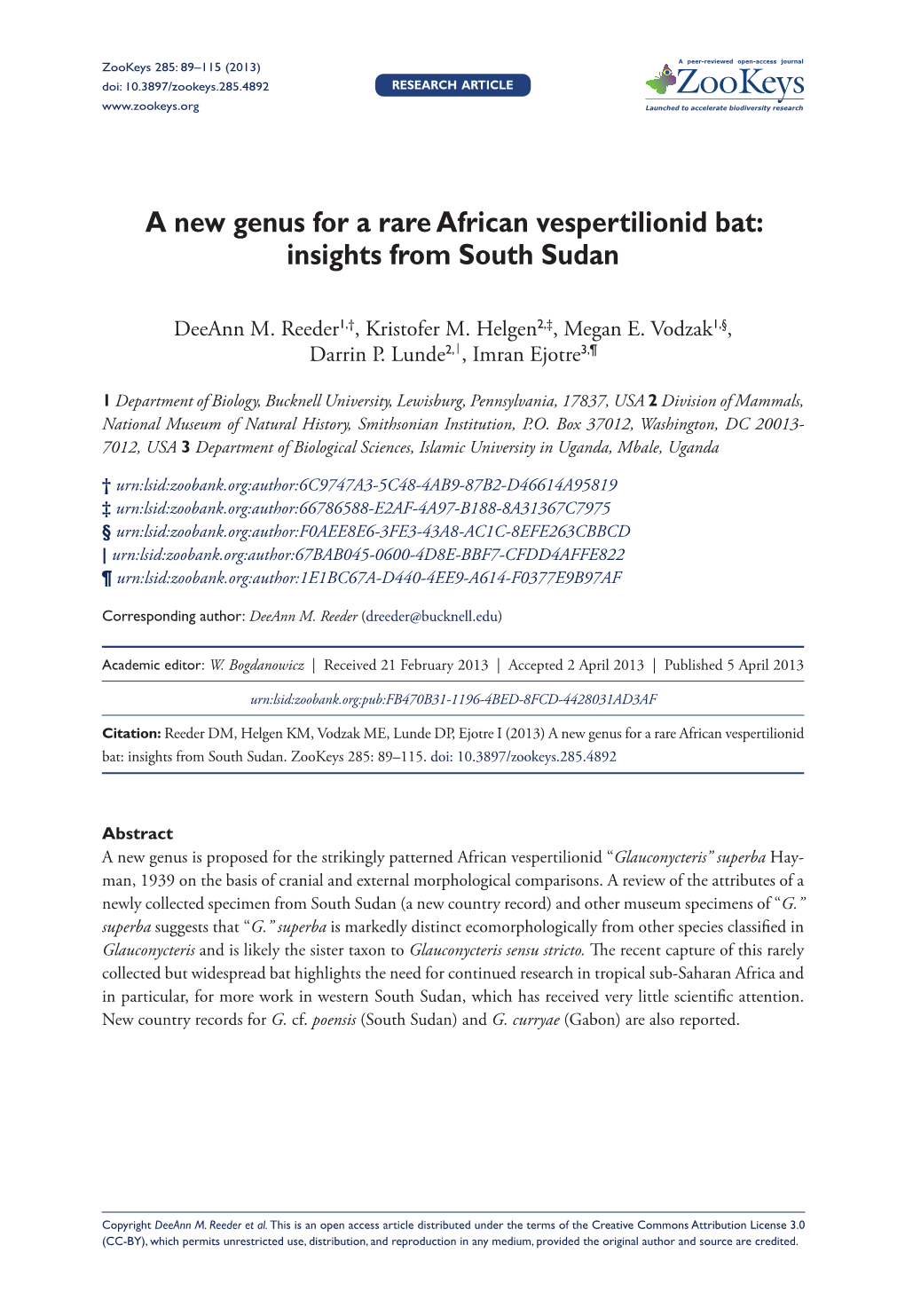 A New Genus for a Rare African Vespertilionid Bat: Insights from South Sudan