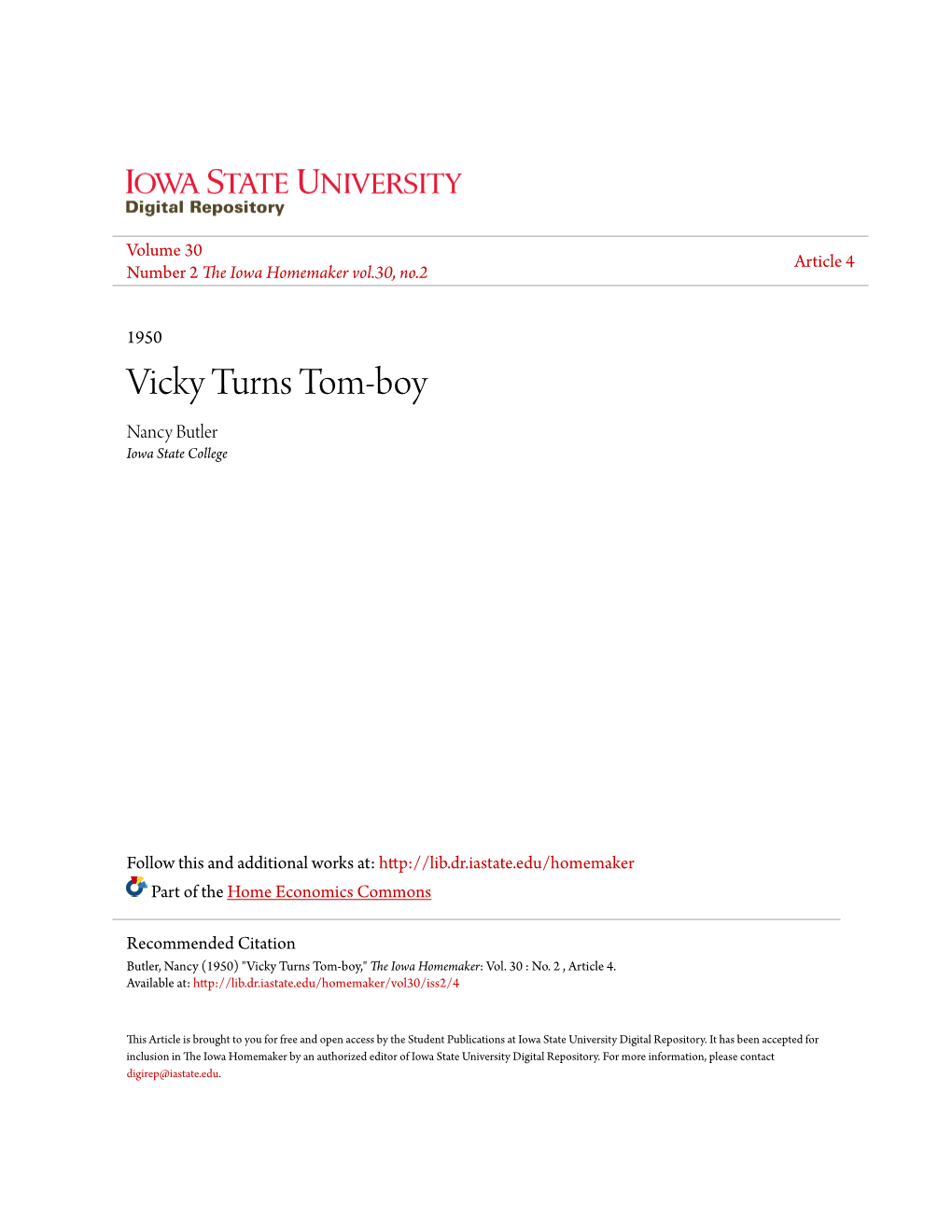 Vicky Turns Tom-Boy Nancy Butler Iowa State College