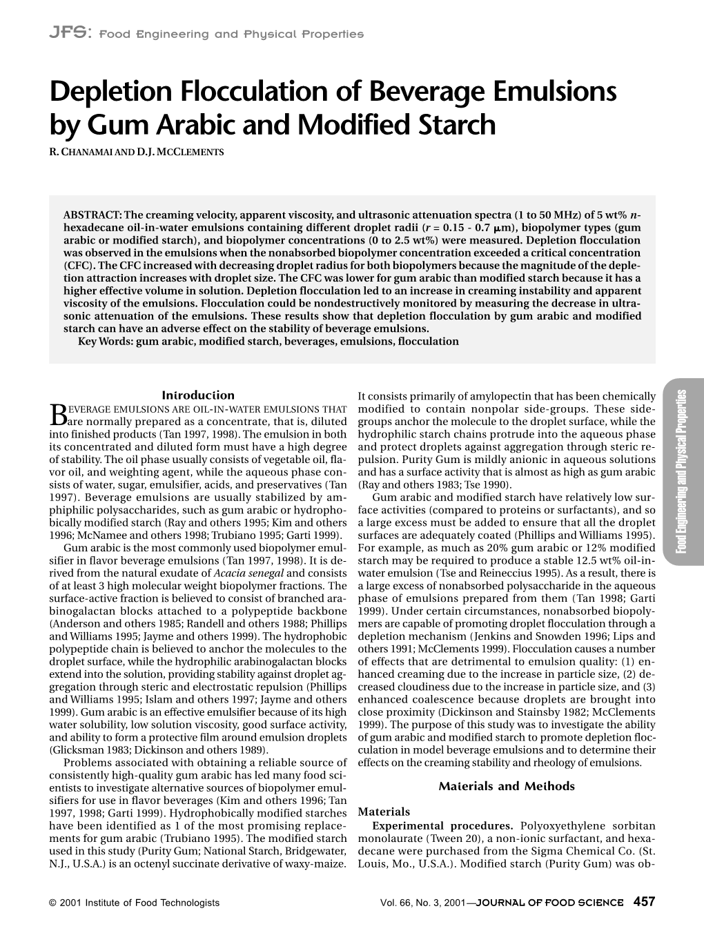 Depletion Flocculation of Beverage Emulsions by Gum Arabic and Modified Starch R