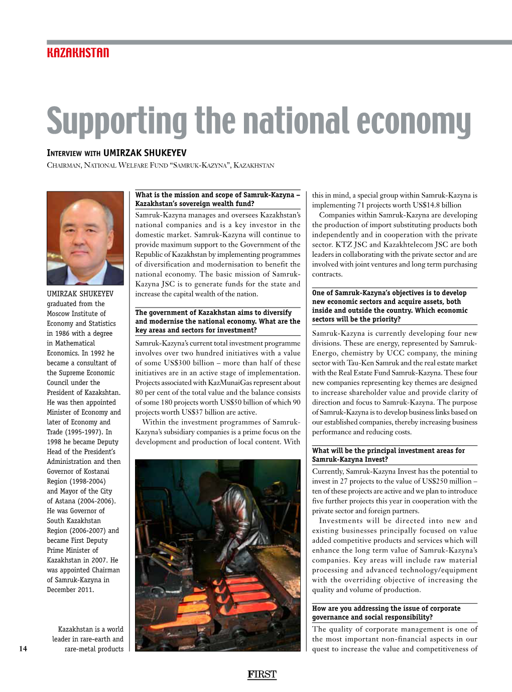 Supporting the National Economy Interview with Umirzak Shukeyev Chairman, National Welfare Fund “Samruk-Kazyna”, Kazakhstan