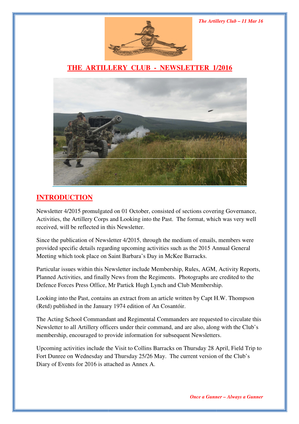 Artillery Club Newsletter 1 of 2016