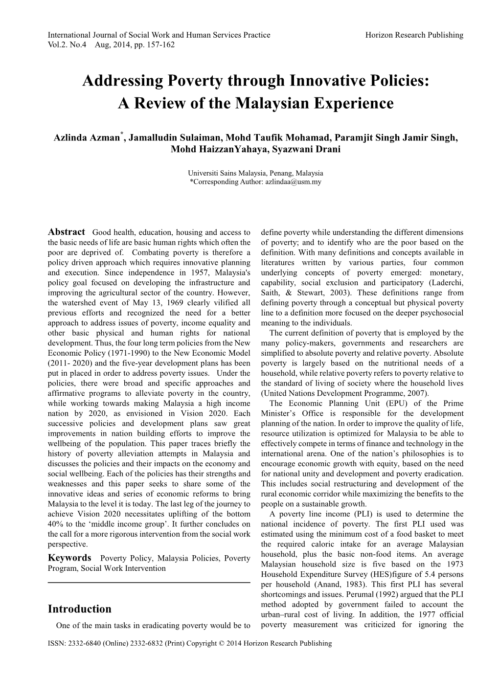 Addressing Poverty Through Innovative Policies: a Review of the Malaysian Experience