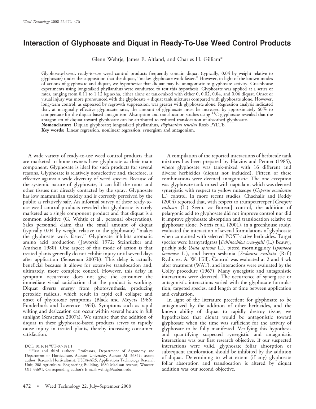 Interaction of Glyphosate and Diquat in Ready-To-Use Weed Control Products