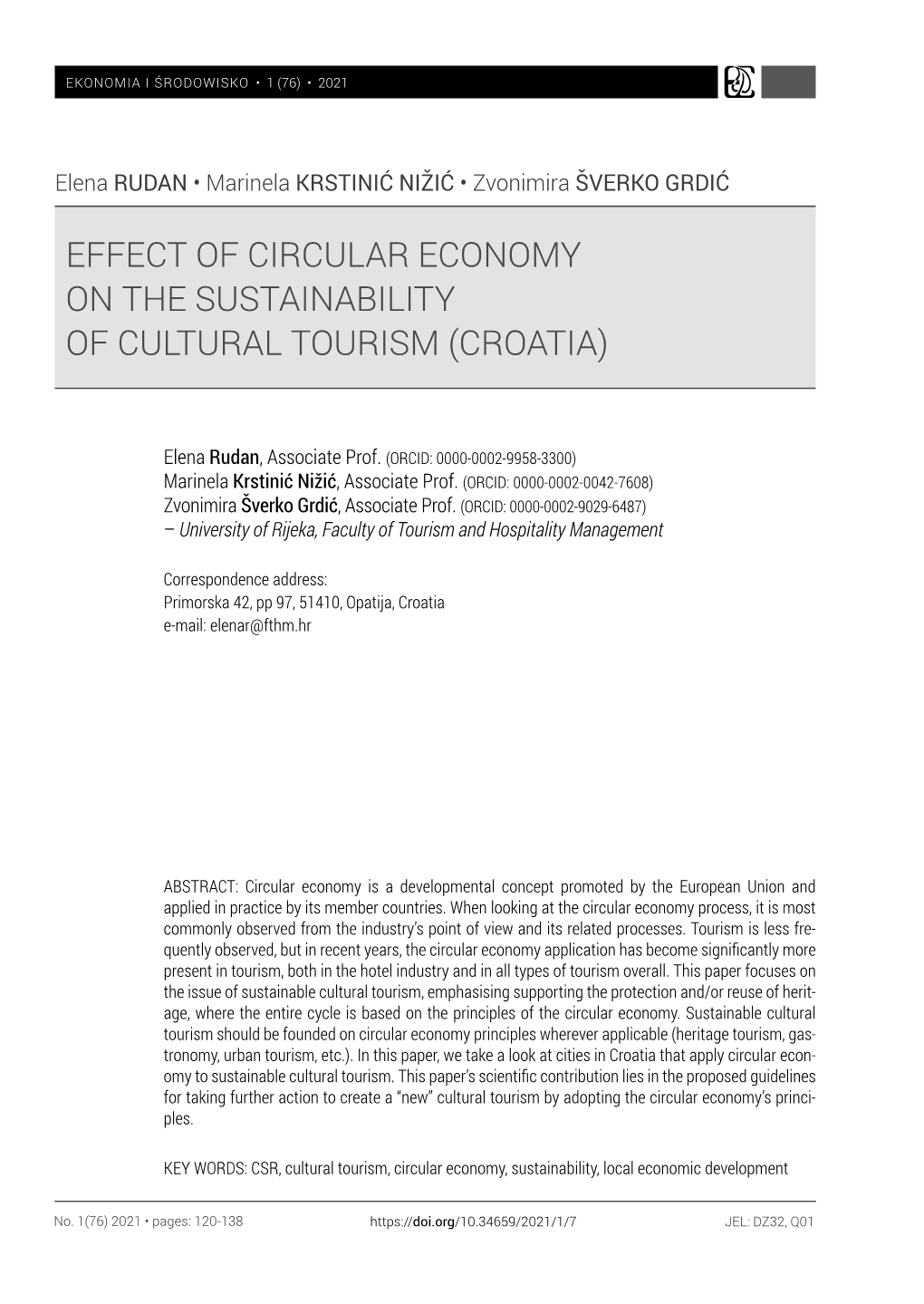 Effect of Circular Economy on the Sustainability of Cultural Tourism (Croatia)