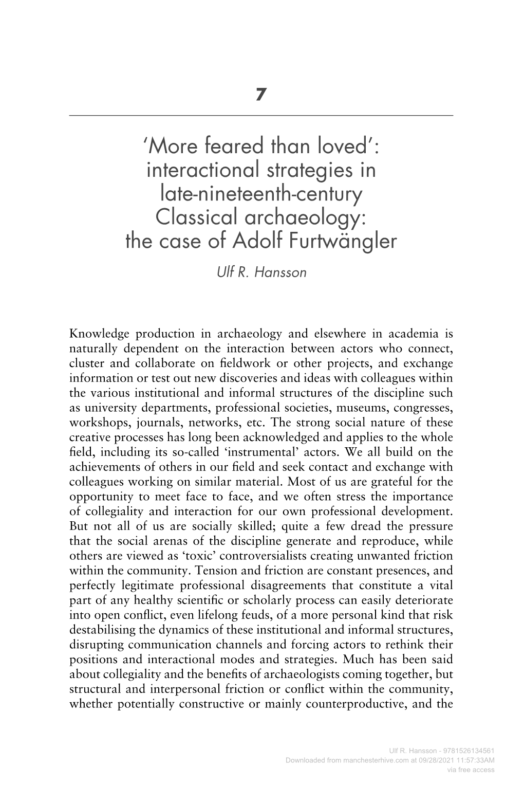 Interactional Strategies in Late-Nineteenth-Century Classical Archaeology: the Case of Adolf Furtwängler Ulf R