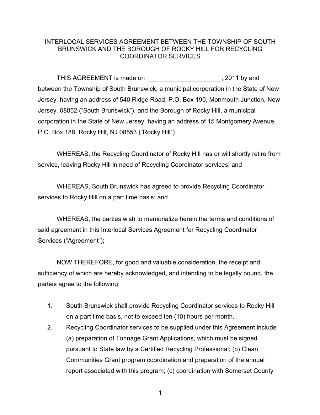 Water Service Agreement Between the Township of South Brunswick and the Monroe Township