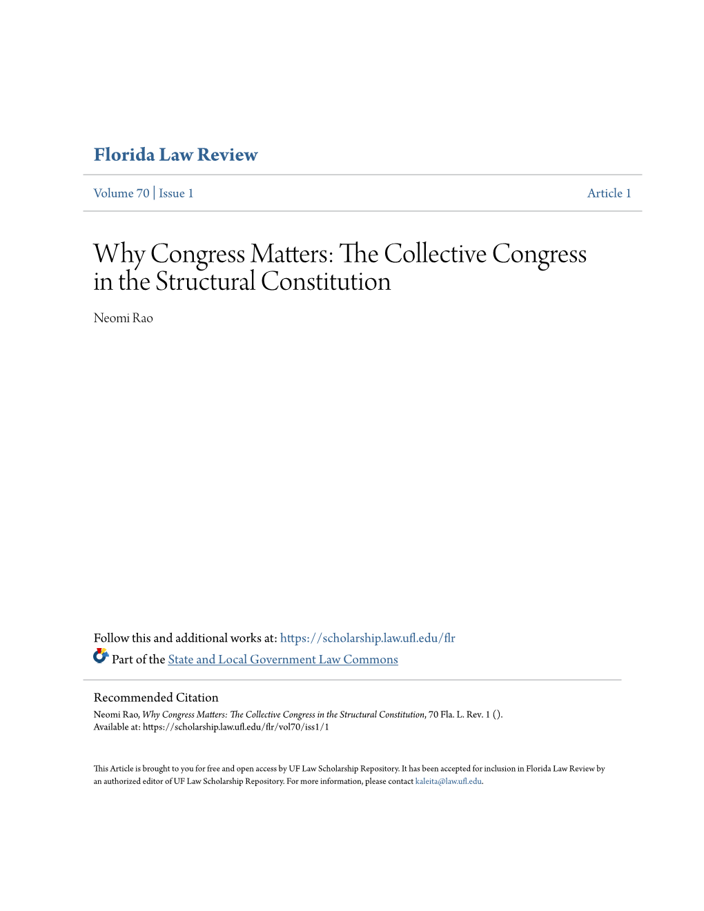 The Collective Congress in the Structural Constitution, 70 Fla